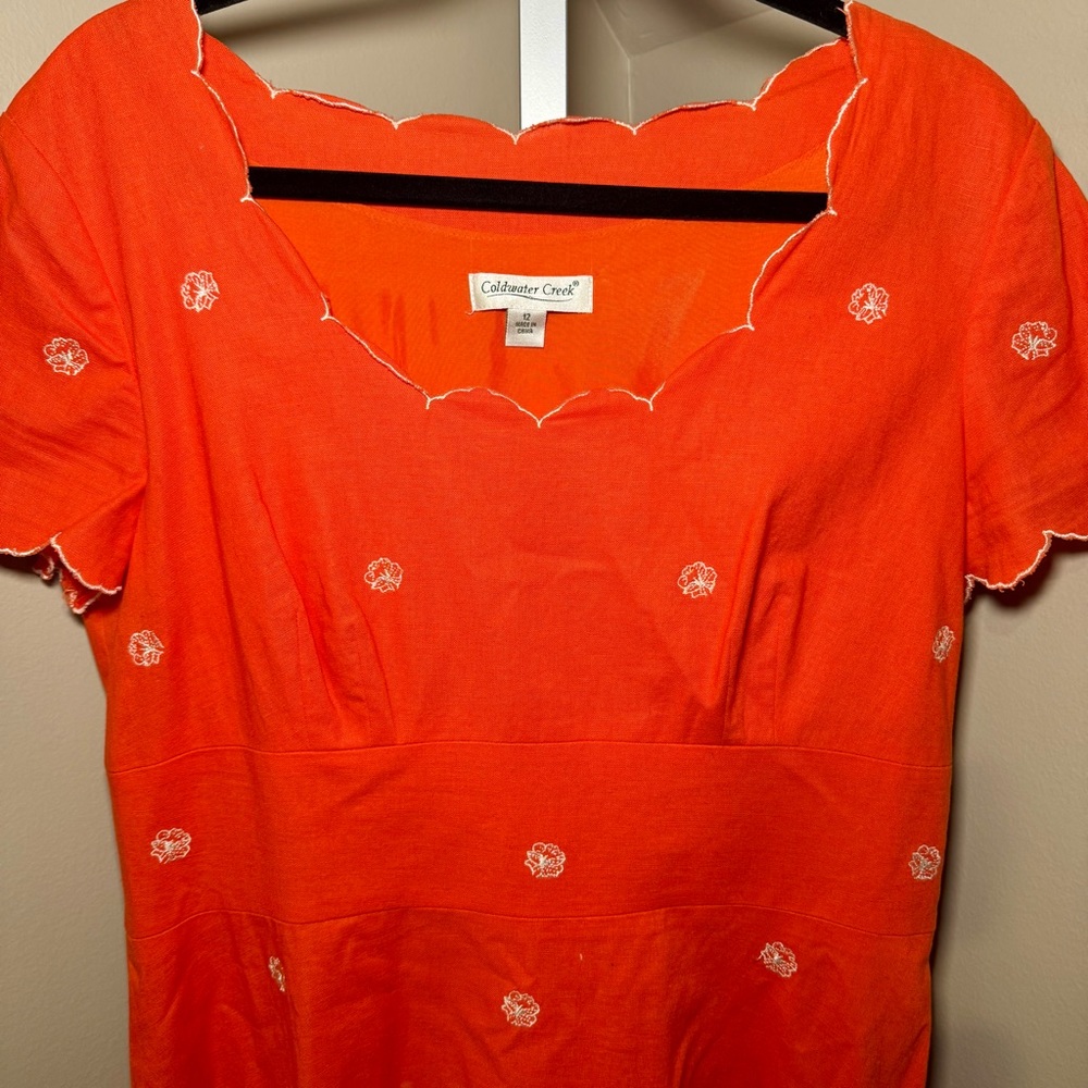 Coldwater Creek Orange White Linen Embroidered Dress‎ Scalloped Size 12 hanging - Picture 2 of 6